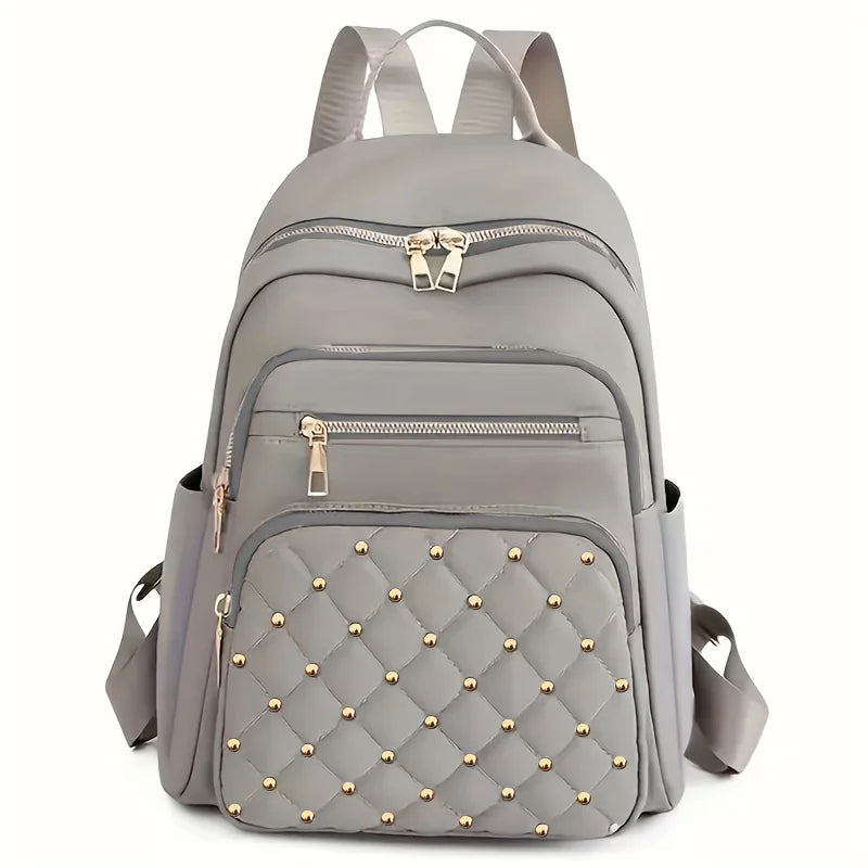 Quilted Studded Women Backpack Multi Zipper Pocket Adjustable Wide Shoulder Strap Lightweight Casual