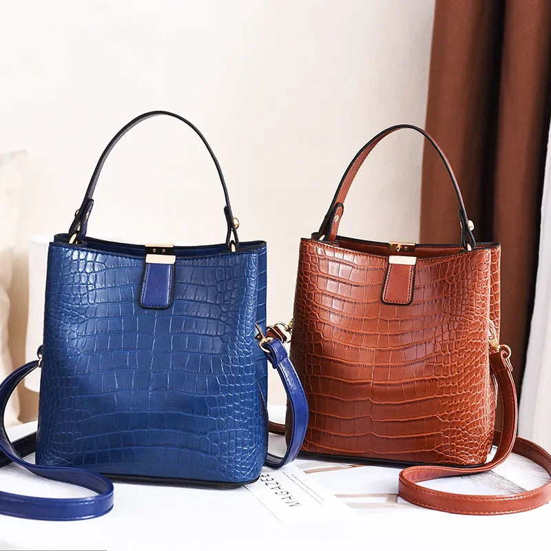 Crocodile Pattern Bucket Bag – Women's PU Leather Handbag & Crossbody Purse