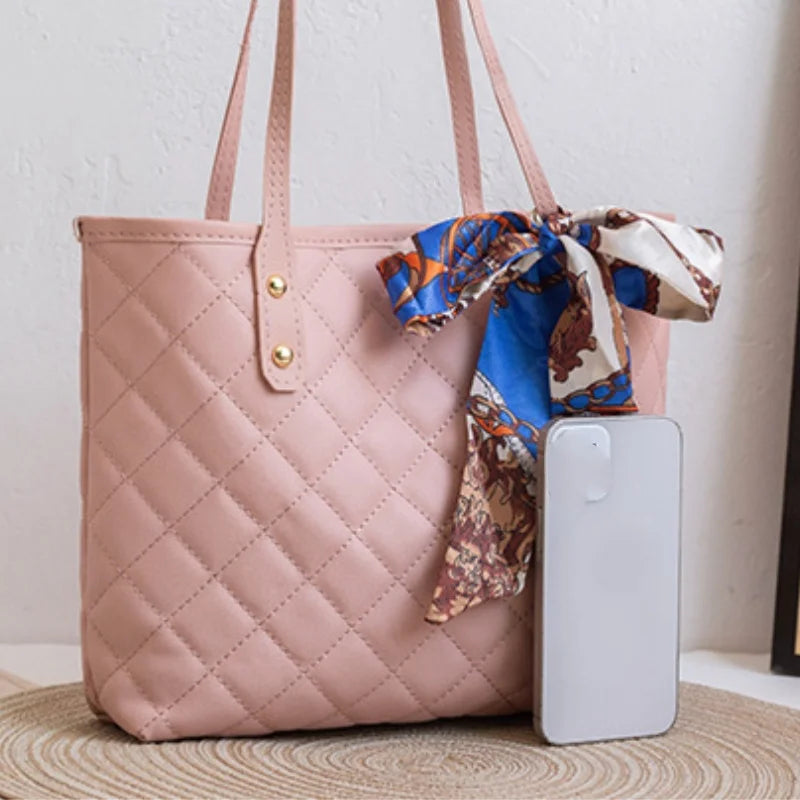 Quilted Tote Bag with Scarf – Large Capacity Women's Shoulder Bucket Bag