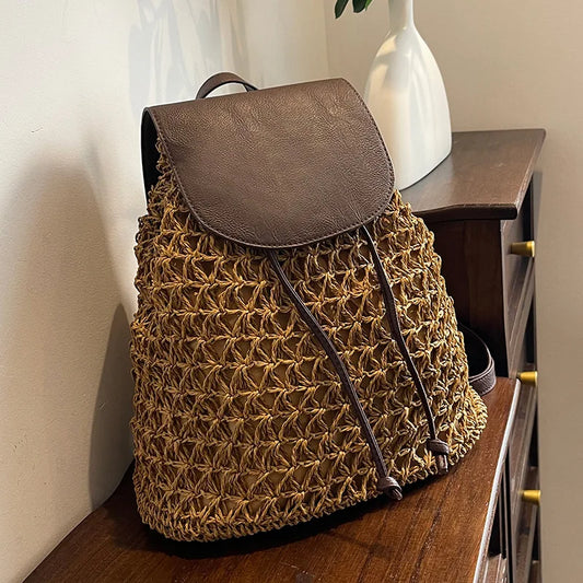 Woven Straw Backpack Women – Vintage PU Leather Flap Shoulder Bag