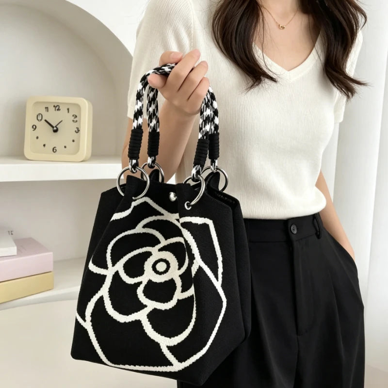 Camellia Print Knit Mini Tote Bag with Braided Handles