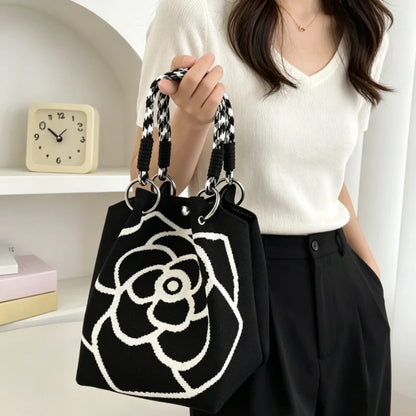 Camellia Print Knit Mini Tote Bag with Braided Handles