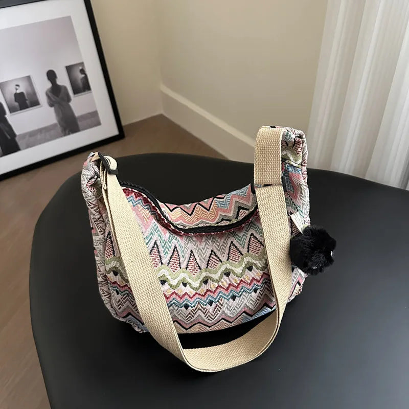 Boho Half Moon Crossbody Bag – Handwoven Colorful Pattern Shoulder Purse
