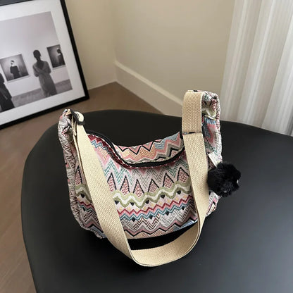 Boho Half Moon Crossbody Bag – Handwoven Colorful Pattern Shoulder Purse
