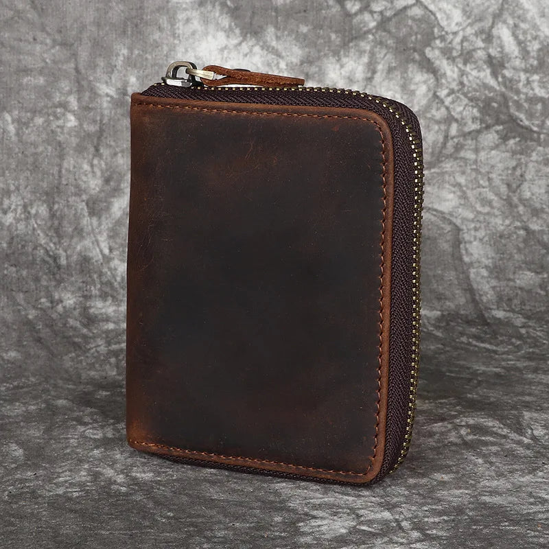 Crazy Horse Leather Men S Zipper Wallet Vertical Style Genuine Leather Cowhide Retro Handmade Change