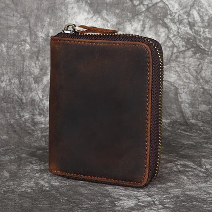 Crazy Horse Leather Men S Zipper Wallet Vertical Style Genuine Leather Cowhide Retro Handmade Change