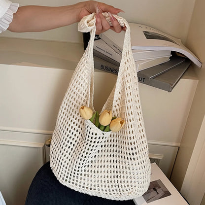 Minimalist Leisure Crochet Shoulder Bag Beach Hollow Women Handbag Solid Color Woven Totes Summer