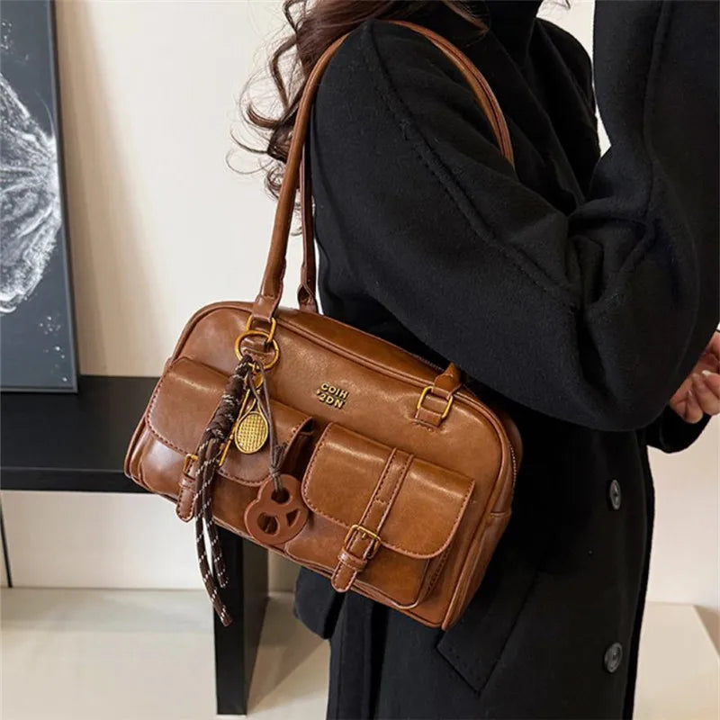 Women's Multi-Pocket Shoulder Bag with Gold-Tone Hardware