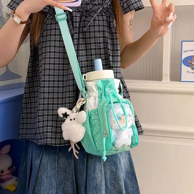 Cute Polka Dot Ita Crossbody Bag with Clear Window & Drawstring