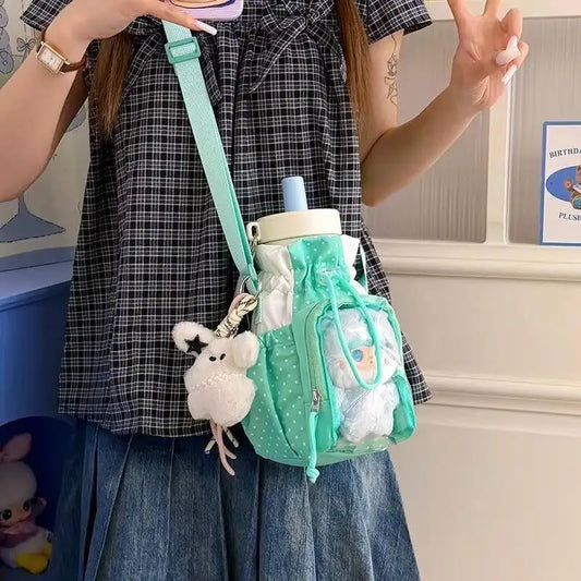 Cute Polka Dot Ita Crossbody Bag with Clear Window & Drawstring