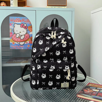Fresh Age Reducing Cartoon Animal Bow Print Student Backpack Nylon Lightweight Large Capacity Casual