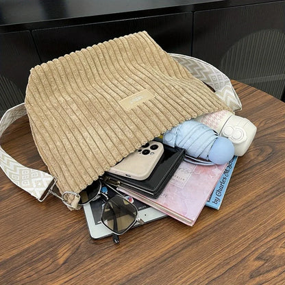 Corduroy Crossbody Bag – Women's Shoulder Bag with Patterned Strap