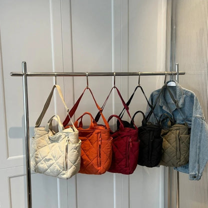 Quilted Nylon Tote Bag – Detachable Strap Multi-Pocket Shoulder Bag