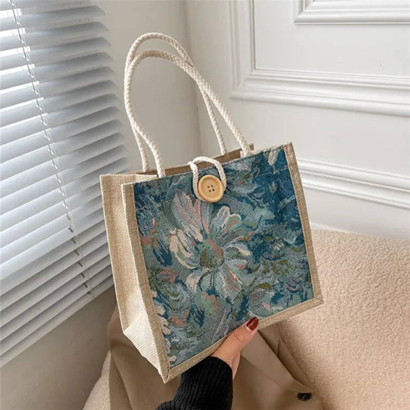 Linen Beach Tote Bag with Floral Print & Button Closure