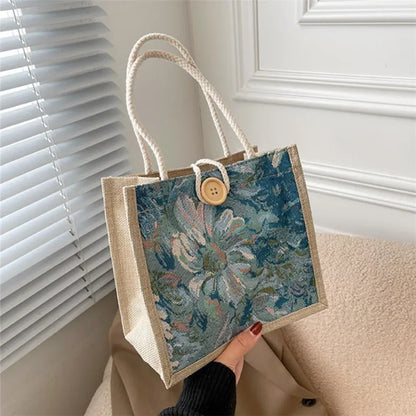 Linen Beach Tote Bag with Floral Print & Button Closure