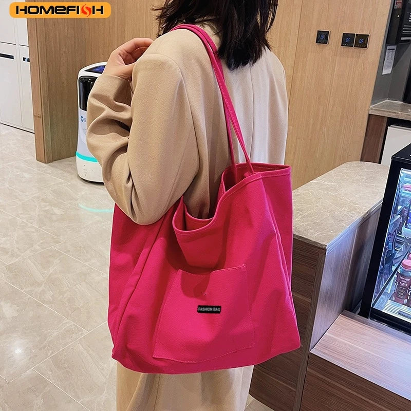 Homefish Canvas Bag Reusable Shopping Shoulder Women Simple Casual Daily Use Handbag Totes Female