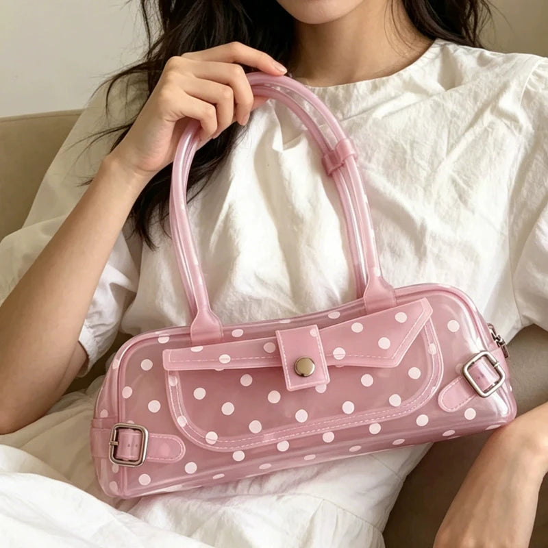 Sweet Polka Dot Transparent Pvc Jelly Tube Handbag Candy Colored Mini Top Handle Shoulder Bag Summer