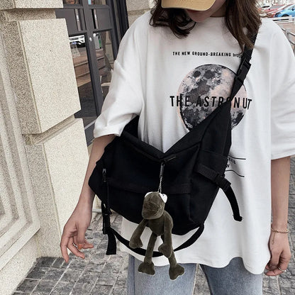 Canvas Crossbody Bag with Plush Pendant – Large Capacity Women's Shoulder Bag