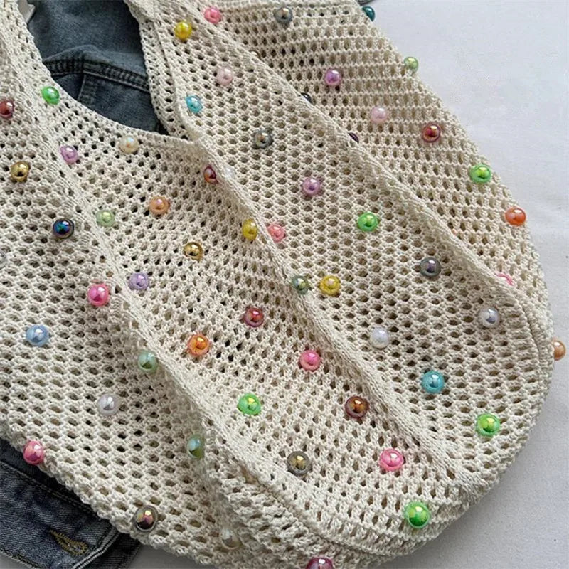 Summer Commuting Woven Bag Women Single Armpit Large Capacity Tote Bag Beach Pearl Hollow Handbag