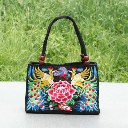Embroidered Floral Handbag with Double Zipper & Beaded Handle