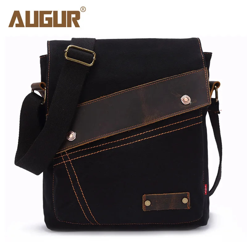 Men S Canvas Leather Patchwork Crossbody Single-Shoulder Bag