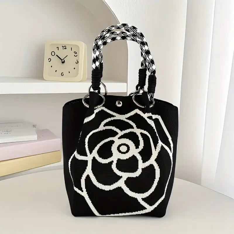 Camellia Print Knit Mini Tote Bag with Braided Handles