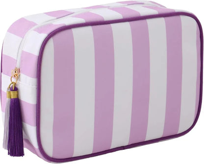 Large Striped Portable Cosmetic Bag Women Tassel Zipper Makeup Capacity Pouch Bags Casual Tote