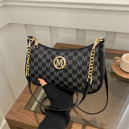 Chic Monogram Print Beige Shoulder Bag Small Crossbody Handbag Gold Chain Accent Woman Everyday