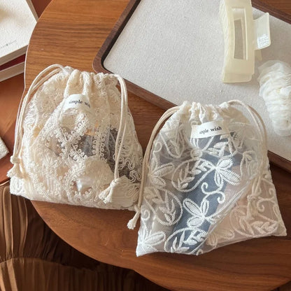 Lace Drawstring Makeup Pouch – Vintage Floral Hollow Design