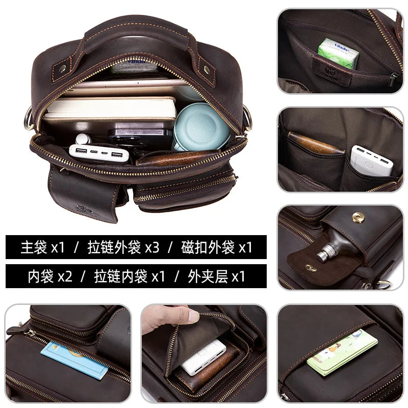 Crazy Horse Leather Men S Single-Shoulder Bag Genuine Leather Multi-Pocket Crossbody Top Layer