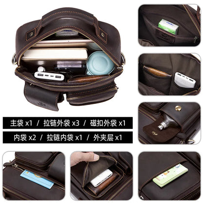 Crazy Horse Leather Men S Single-Shoulder Bag Genuine Leather Multi-Pocket Crossbody Top Layer