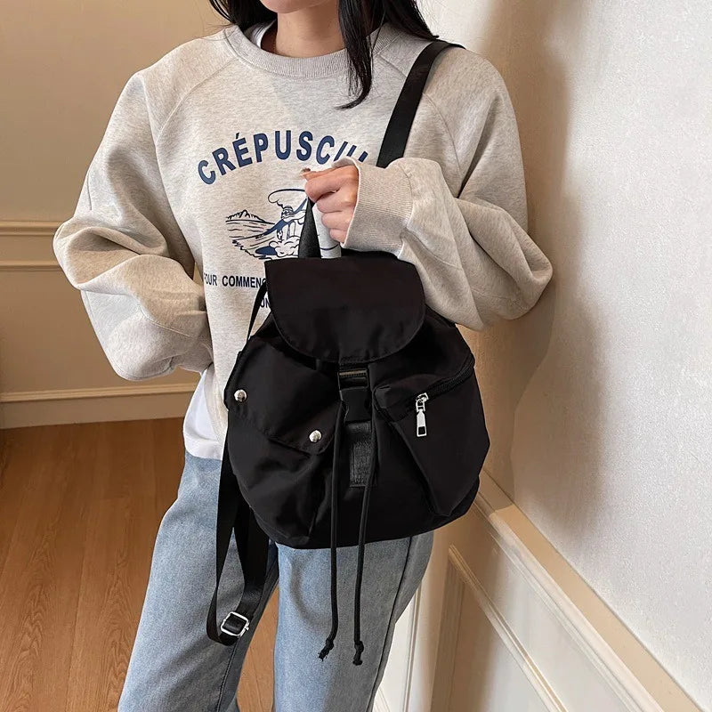 Mini Drawstring Flap Backpack Water-Resistant for Women