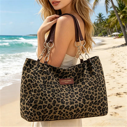 Chic Leopard Print Tote Bag Brown Leather Handles Silver Chain Accent Spacious Handbag Shoulder