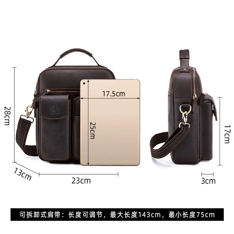Crazy Horse Leather Men S Single-Shoulder Bag Genuine Leather Multi-Pocket Crossbody Top Layer