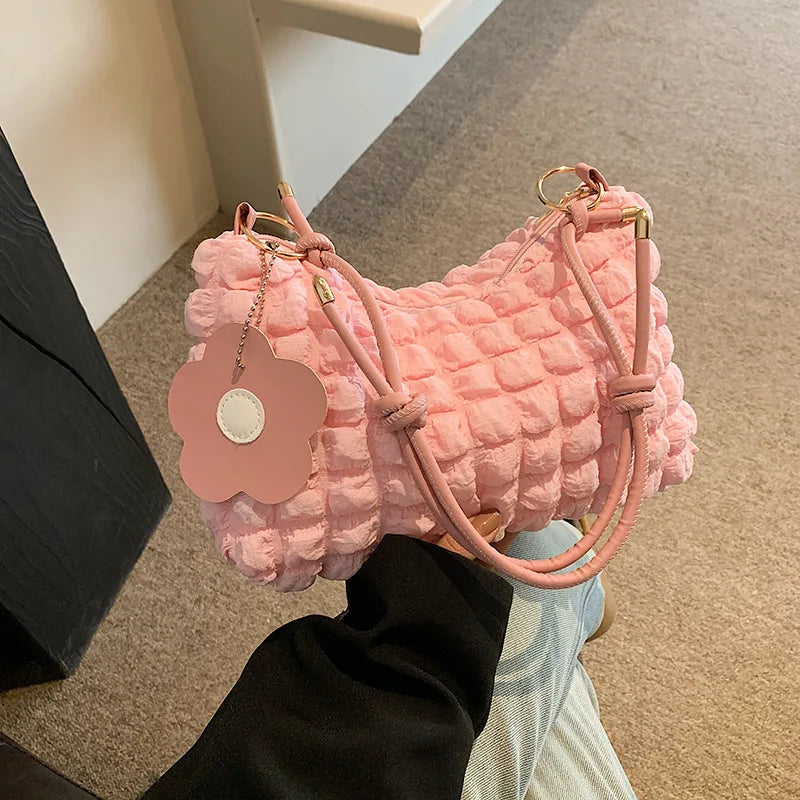 Bubble Quilted Shoulder Bag with Knotted Strap & Flower Charm