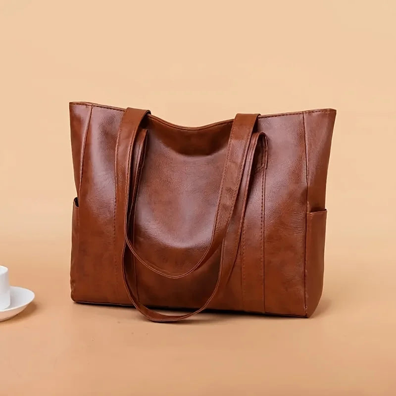 Large PU Leather Tote Bag with Zipper & Double Handles