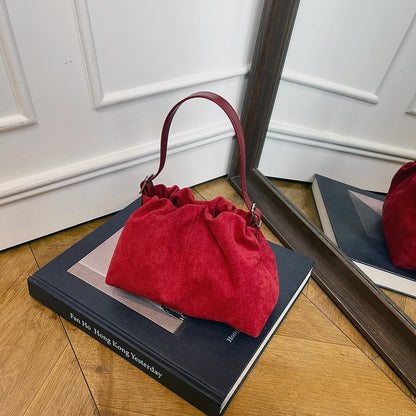 Suede Ruched Mini Bucket Bag with Detachable Strap