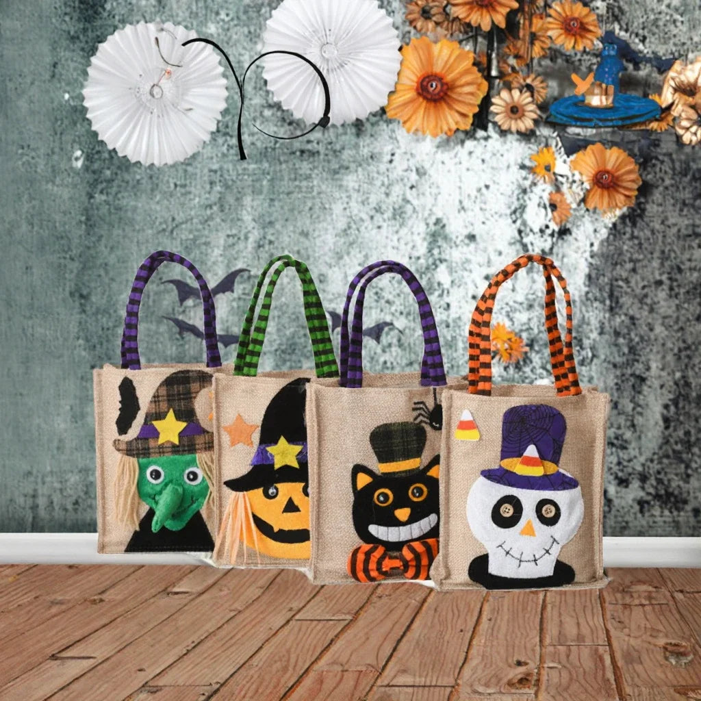 Halloween Linen Tote Bag – Trick or Treat Candy Bag with Fun Graphics