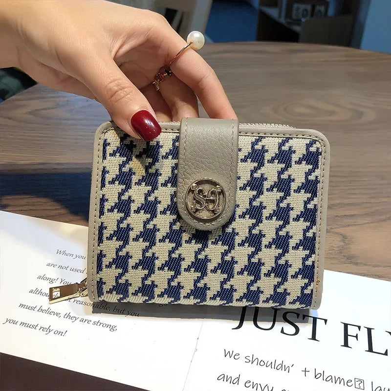 Purse Women Short Leather Niche Design Thousand Bird Lattice Lady Folding Organ Card Documents Clip