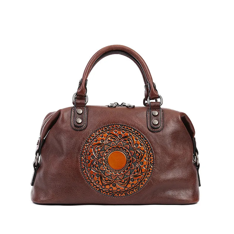 Embossed Totem Tote Bag Top-Grain Cowhide Commuter Handbag Large-Capacity Handcrafted