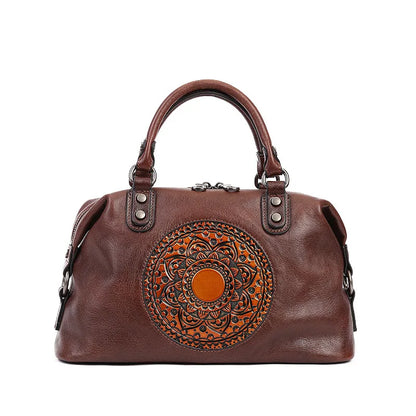 Embossed Totem Tote Bag Top-Grain Cowhide Commuter Handbag Large-Capacity Handcrafted