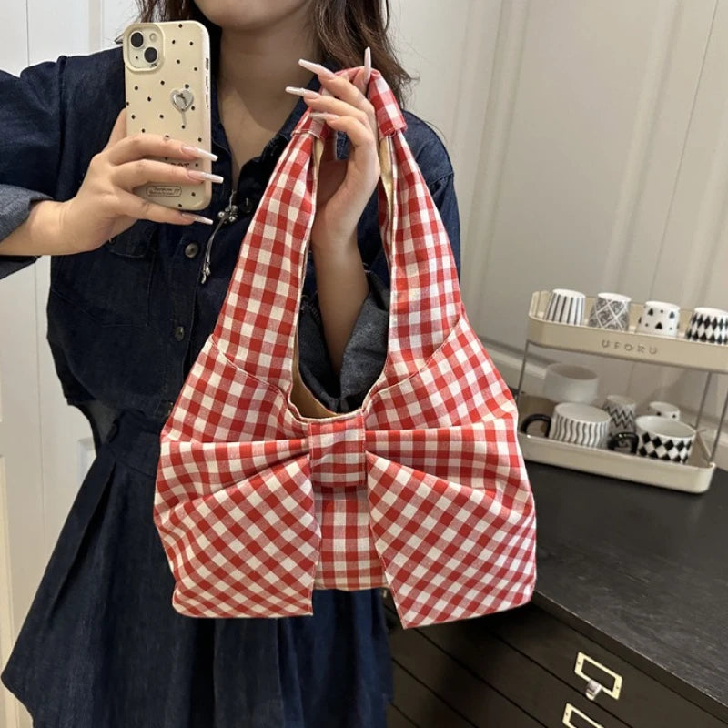 Checkered Canvas Tote Bag with Oversized Bow - Underarm Shoulder Handbag