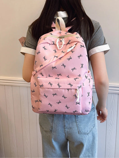 Fashionable Cute Backpack Bow Print Bookbag Laptop Protection Adjustable Straps Back School Season