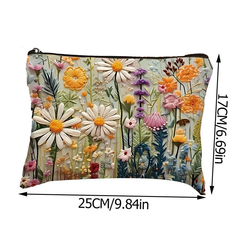 Floral Canvas Makeup Bag – Large Capacity Travel Cosmetic Pouch