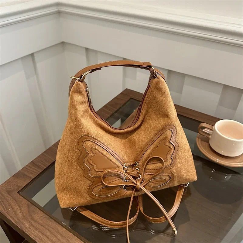 Faux Suede Tote Bag Bow Tie Backpack Chic Retro Single Handbag Women Shoulder Messenger Bag