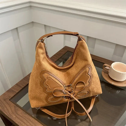 Faux Suede Tote Bag Bow Tie Backpack Chic Retro Single Handbag Women Shoulder Messenger Bag