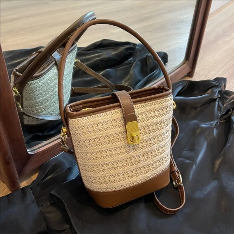 Straw Crossbody Bag – Woven Bucket Shoulder Purse with Gold Lock
