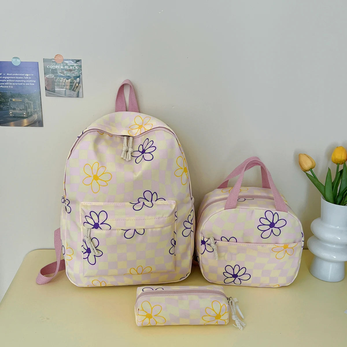 Dopamine Checkerboard Floral Print Three Piece Backpack Set Lightweight