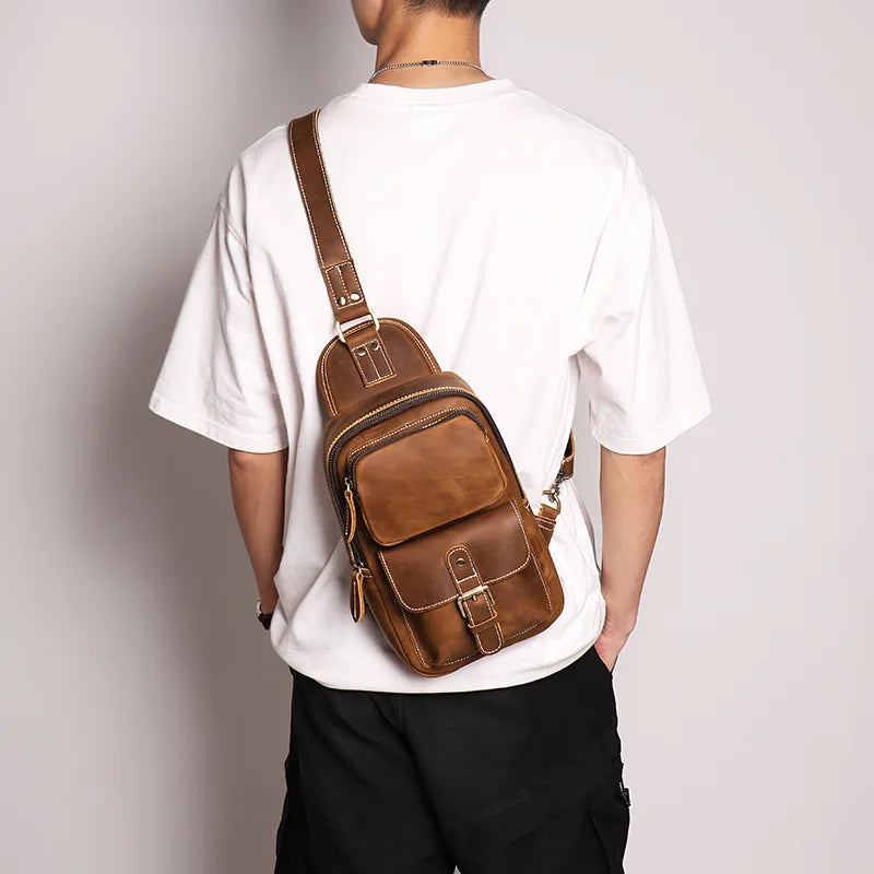 Retro Men S Crazy Horse Leather Chest Bag Outdoor Sports Large-Capacity Crossbody Multi-Functional