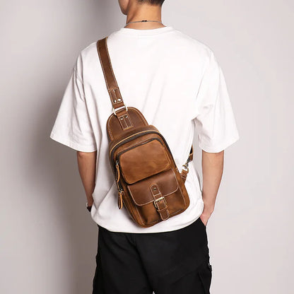 Retro Men S Crazy Horse Leather Chest Bag Outdoor Sports Large-Capacity Crossbody Multi-Functional